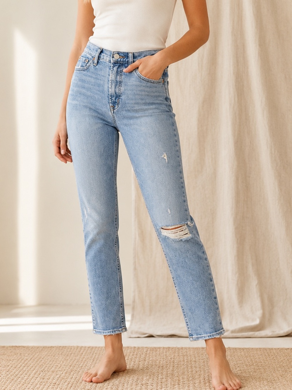 Gap Cigarette Jeans 25 0R Light Wash Distressed Slim Straight High Rise Denim